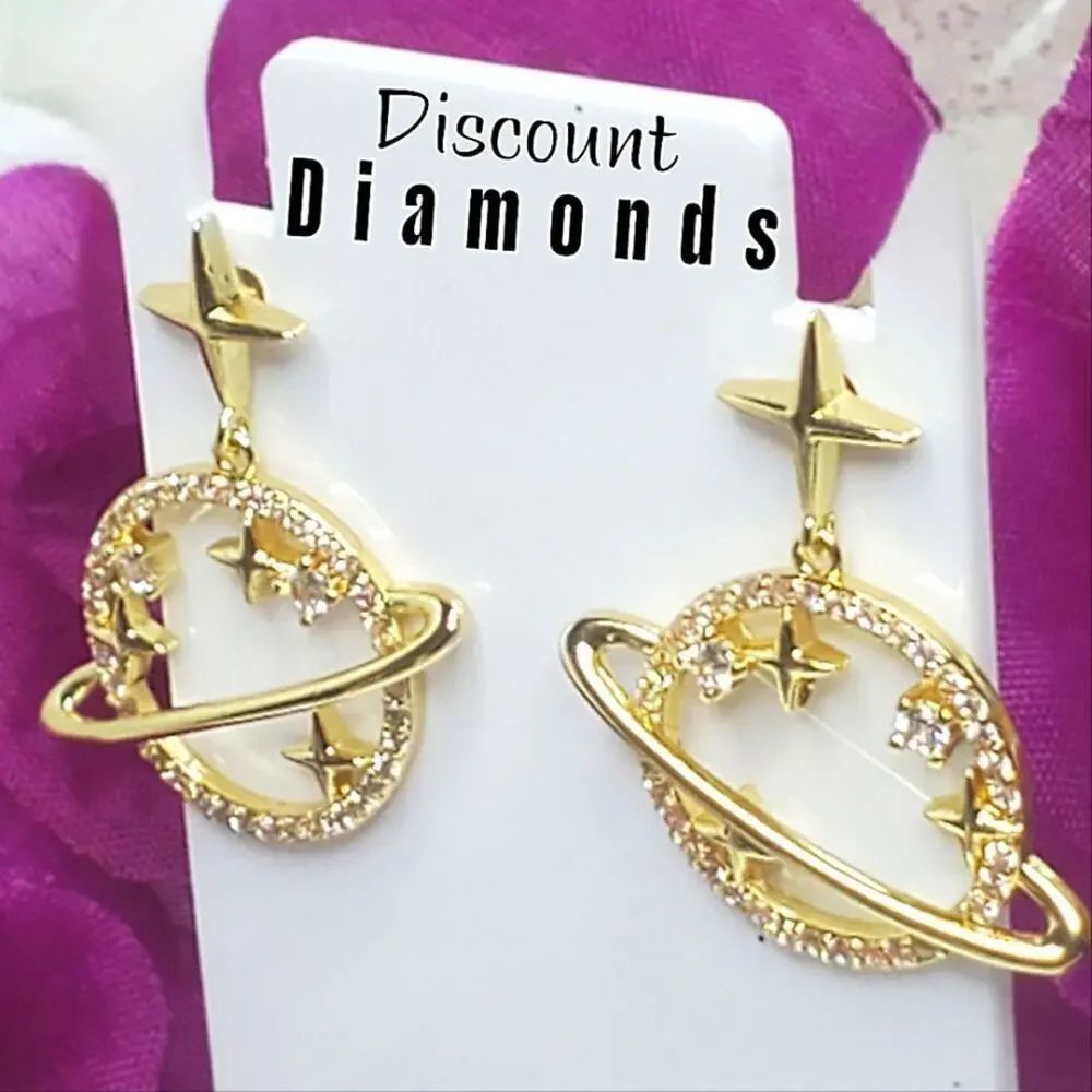 White Baguette Diamond Retro Geometric Earrings 18K Yellow Gold on 925 Silver